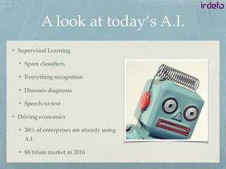 A look at today’s A.I.
Supervised Learning
Spam classiﬁers
Everything recognition
Diseases diagnosis
Speech-to-text
Driving economics
38% of enterprises are already using
A.I.
$8 bilion market in 2016
 
