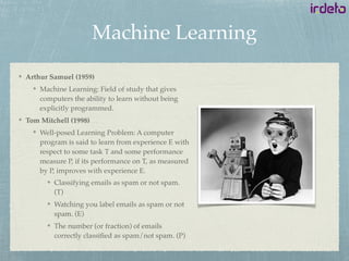 Machine Learning
Arthur Samuel (1959)
Machine Learning: Field of study that gives
computers the ability to learn without being
explicitly programmed.
Tom Mitchell (1998)
Well-posed Learning Problem: A computer
program is said to learn from experience E with
respect to some task T and some performance
measure P, if its performance on T, as measured
by P, improves with experience E.
Classifying emails as spam or not spam.
(T)
Watching you label emails as spam or not
spam. (E)
The number (or fraction) of emails
correctly classiﬁed as spam/not spam. (P)
 