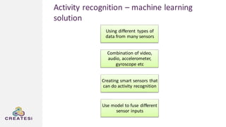 Activity recognition – machine learning
solution
Using different types of
data from many sensors
Combination of video,
audio, accelerometer,
gyroscope etc
Creating smart sensors that
can do activity recognition
Use model to fuse different
sensor inputs
 