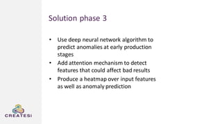 Solution phase 3
• Use deep neural network algorithm to
predict anomalies at early production
stages
• Add attention mechanism to detect
features that could affect bad results
• Produce a heatmap over input features
as well as anomaly prediction
 