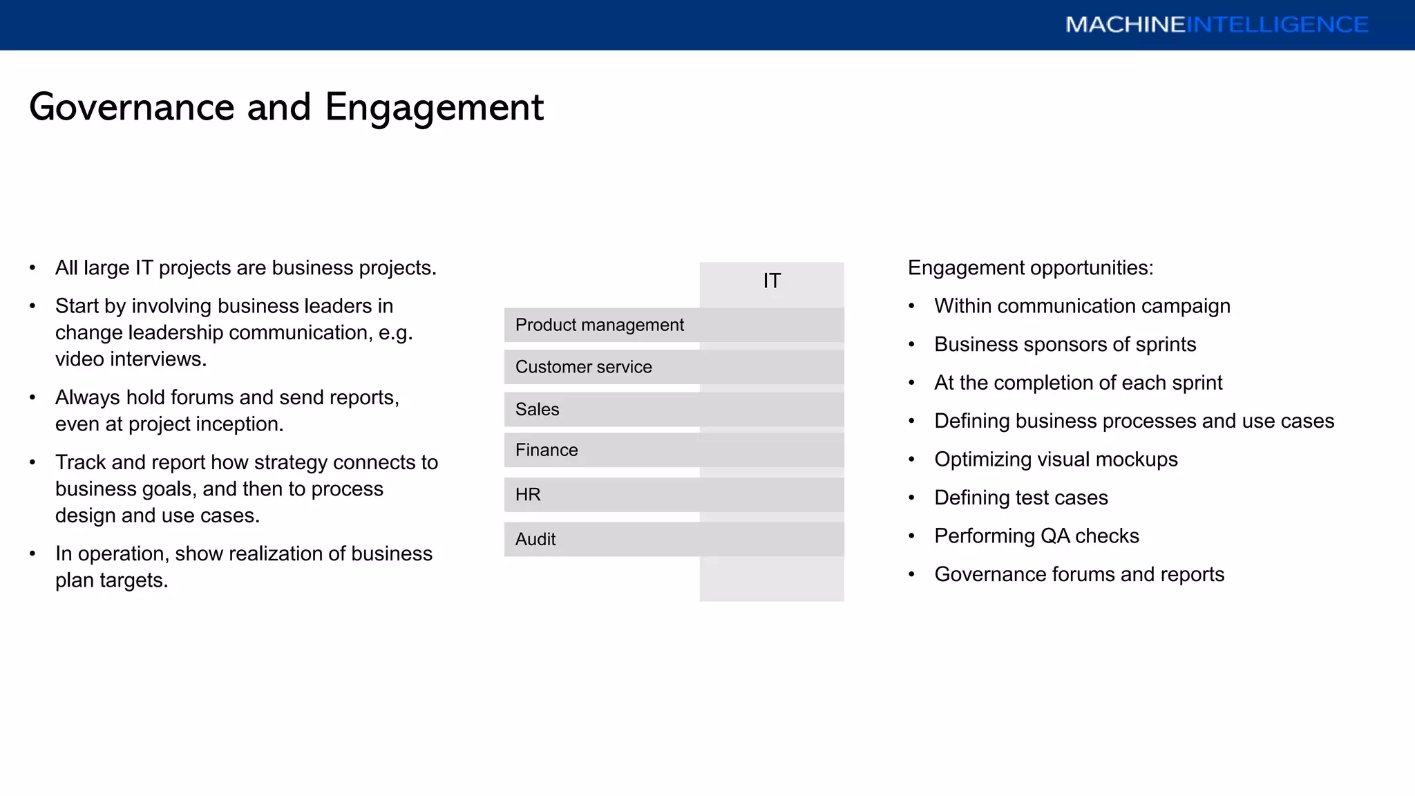 Governance and Engagement
Product management
• All large IT projects are business projects.
• Start by involving business leaders in
change leadership communication, e.g.
video interviews.
• Always hold forums and send reports,
even at project inception.
• Track and report how strategy connects to
business goals, and then to process
design and use cases.
• In operation, show realization of business
plan targets.
Customer service
Audit
Finance
HR
Sales
IT
Engagement opportunities:
• Within communication campaign
• Business sponsors of sprints
• At the completion of each sprint
• Defining business processes and use cases
• Optimizing visual mockups
• Defining test cases
• Performing QA checks
• Governance forums and reports
 