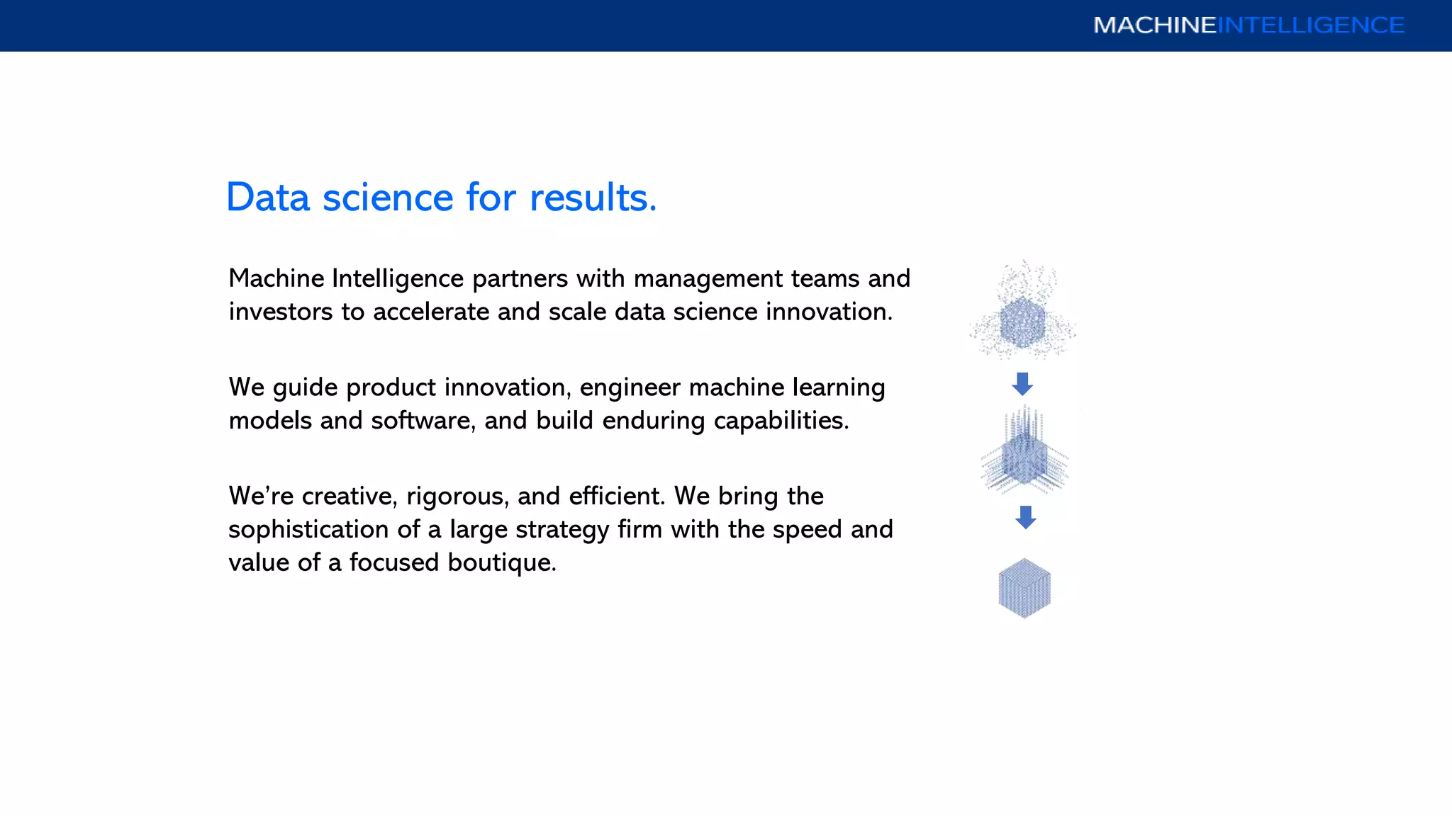 Data science for results.
Machine Intelligence partners with management teams and
investors to accelerate and scale data science innovation.
We guide product innovation, engineer machine learning
models and software, and build enduring capabilities.
We’re creative, rigorous, and efficient. We bring the
sophistication of a large strategy firm with the speed and
value of a focused boutique.
 