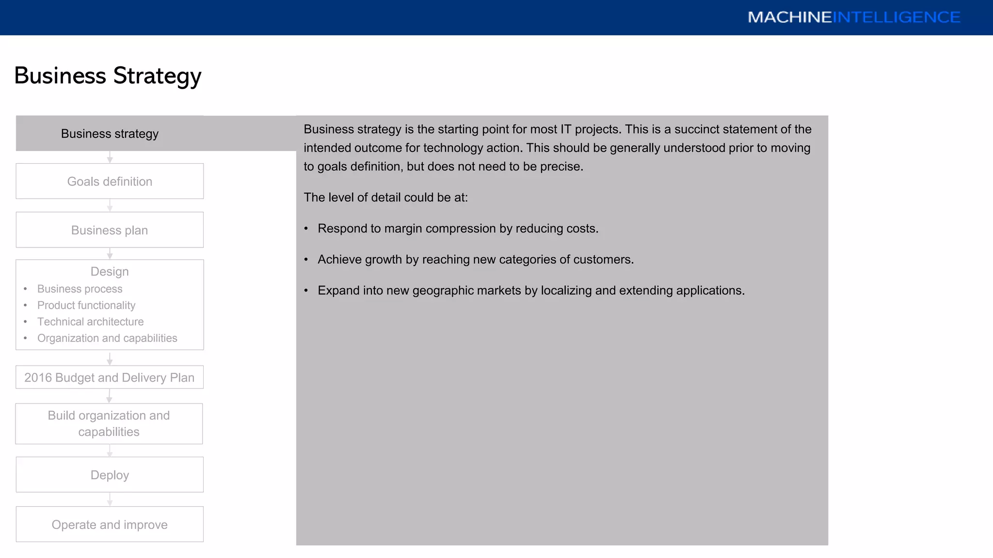 Business Strategy
Business plan
Operate and improve
Deploy
Goals definition
Design
• Business process
• Product functionality
• Technical architecture
• Organization and capabilities
2016 Budget and Delivery Plan
Business strategy
Build organization and
capabilities
Business strategy is the starting point for most IT projects. This is a succinct statement of the
intended outcome for technology action. This should be generally understood prior to moving
to goals definition, but does not need to be precise.
The level of detail could be at:
• Respond to margin compression by reducing costs.
• Achieve growth by reaching new categories of customers.
• Expand into new geographic markets by localizing and extending applications.
 