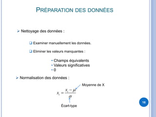 PRÉPARATION DES DONNÉES
16
 Nettoyage des données :
 Normalisation des données :
i
i
x
x




Écart-type
Moyenne de X
 Examiner manuellement les données.
 Eliminer les valeurs manquantes :
• Champs équivalents
• Valeurs significatives
• 0
 