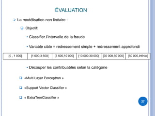 ÉVALUATION
27
 La modélisation non linéaire :
 Objectif:
• Classifier l’intervalle de la fraude
• Variable cible = redressement simple + redressement approfondi
[0 , 1 000[ [1 000,3 500[ [3 500,10 000[ [10 000,30 000[ [30 000,60 000[ [60 000,Infinie[
• Découper les contribuables selon la catégorie
 «Multi Layer Perceptron »
 «Support Vector Classifier »
 « ExtraTreeClassifier »
 