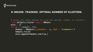 K-MEANS. TRAINING. OPTIMAL NUMBER OF CLUSTERS.
 