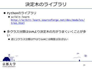 決定⽊木のライブラリ
l  Pythonのライブラリ
  l  scikit-learn
      http://scikit-learn.sourceforge.net/dev/modules/
      tree.html


l  多クラス分類はSVMより決定⽊木の⽅方がうまくいくことが多
    い
  l  逆に2クラス分類はやはりSVMには精度は及ばない




                                                    20
 