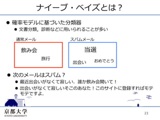 ナイーブ・ベイズとは？
l  確率モデルに基づいた分類器
 l  ⽂文書分類，診断などに⽤用いられることが多い

  通常メール          スパムメール

   飲み会              当選
          旅⾏行行         おめでとう
                 出会い

l  次のメールはスパム？
  l  最近出会いがなくて寂しい．誰か飲み会開いて！
  l  出会いがなくて寂しいそこのあなた！このサイトに登録すればモテ
      モテですよ．



                                 23
 