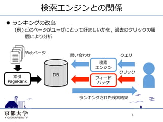 検索エンジンとの関係
l  ランキングの改良
  (例)どのページがユーザにとって好ましいかを，過去のクリックの履
     歴により分析


       Webページ
                     問い合わせ          クエリ
                              検索
                             エンジン
                                    クリック
  索引            DB
                             フィード
PageRank                      バック


                       ランキングされた検索結果



                                       3
 