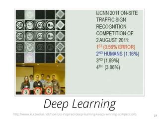 Deep Learning
http://www.kurzweilai.net/how-bio-inspired-deep-learning-keeps-winning-competitions 27	

 