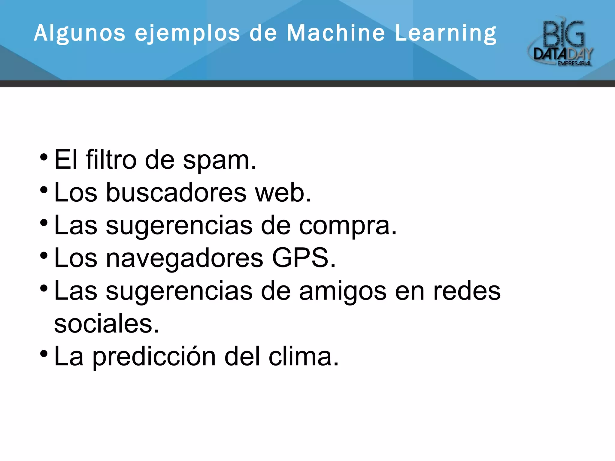 
El filtro de spam.

Los buscadores web.

Las sugerencias de compra.

Los navegadores GPS.

Las sugerencias de amigos en redes
sociales.

La predicción del clima.
Algunos ejemplos de Machine Learning
 
