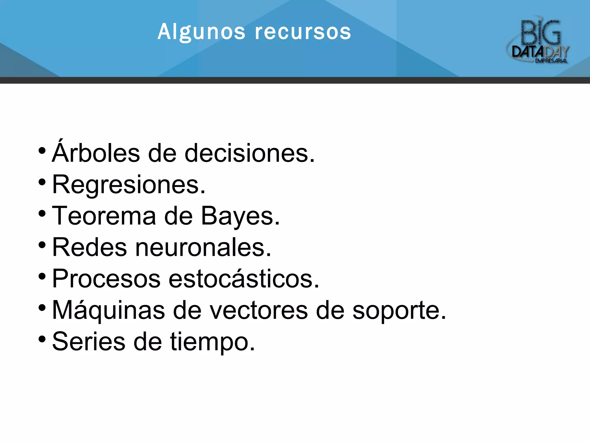 
Árboles de decisiones.

Regresiones.

Teorema de Bayes.

Redes neuronales.

Procesos estocásticos.

Máquinas de vectores de soporte.

Series de tiempo.
Algunos recursos
 