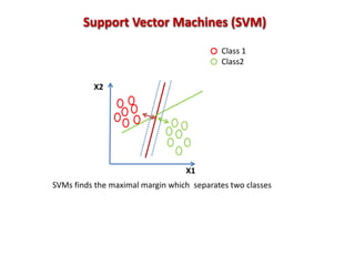 Support Vector Machines (SVM)
X2
X1
SVMs finds the maximal margin which separates two classes
Class 1
Class2
 