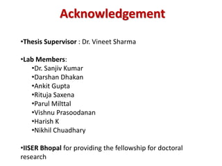 Acknowledgement
•Thesis Supervisor : Dr. Vineet Sharma
•Lab Members:
•Dr. Sanjiv Kumar
•Darshan Dhakan
•Ankit Gupta
•Rituja Saxena
•Parul Milttal
•Vishnu Prasoodanan
•Harish K
•Nikhil Chuadhary
•IISER Bhopal for providing the fellowship for doctoral
research
 