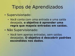 Tipos de Aprendizados
● Supervisionado:
● Você conta com uma entrada e uma saída
desejada, o objetivo é aprender uma
regra que mapeia entradas em saídas.
● Não Supervisionado:
● Você tem apenas entradas, sem saídas
desejadas. O objetivo é descobrir padrões
escondidos nos dados.
 