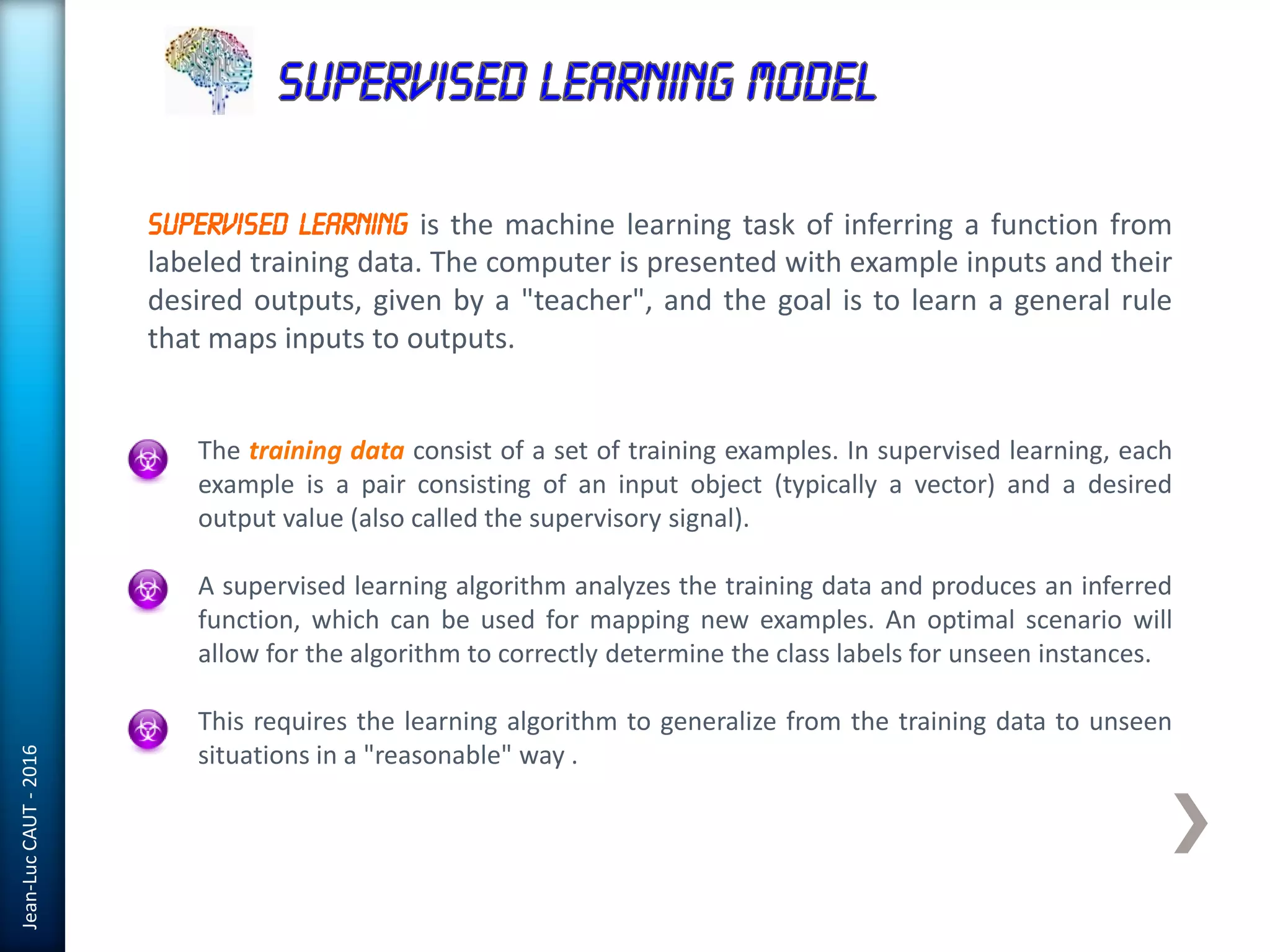 Jean-LucCAUT-2016
Supervised learning is the machine learning task of inferring a function from
labeled training data. The computer is presented with example inputs and their
desired outputs, given by a "teacher", and the goal is to learn a general rule
that maps inputs to outputs.
The training data consist of a set of training examples. In supervised learning, each
example is a pair consisting of an input object (typically a vector) and a desired
output value (also called the supervisory signal).
A supervised learning algorithm analyzes the training data and produces an inferred
function, which can be used for mapping new examples. An optimal scenario will
allow for the algorithm to correctly determine the class labels for unseen instances.
This requires the learning algorithm to generalize from the training data to unseen
situations in a "reasonable" way .
 