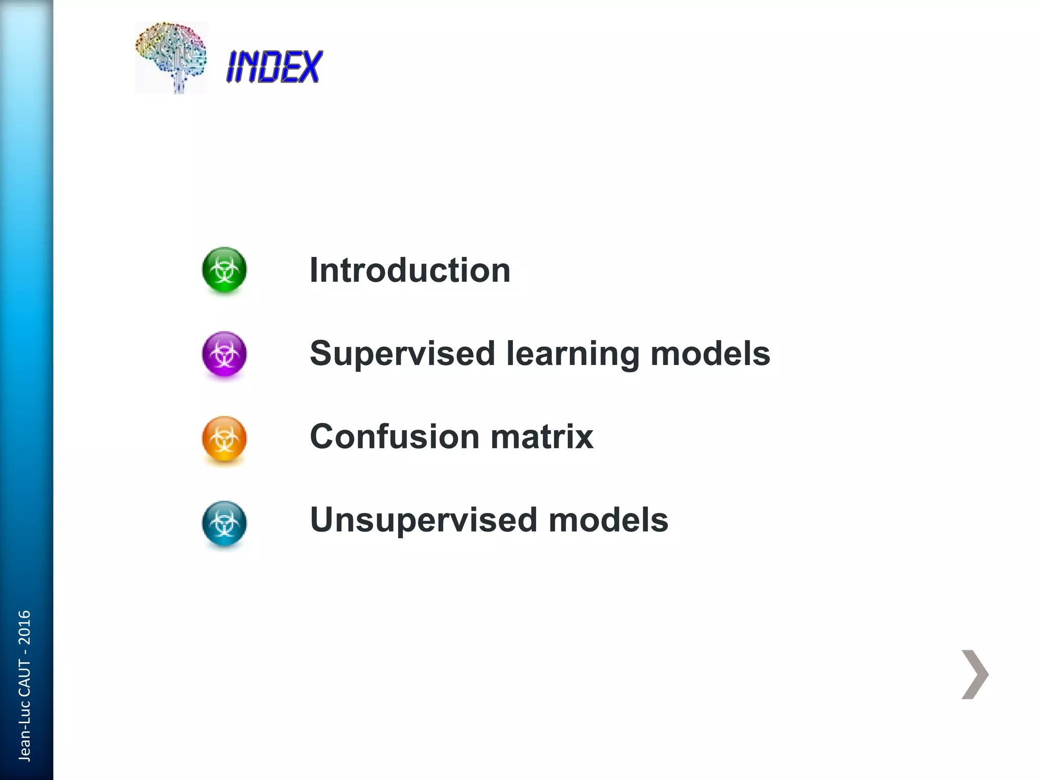 Jean-LucCAUT-2016
Introduction
Supervised learning models
Confusion matrix
Unsupervised models
 