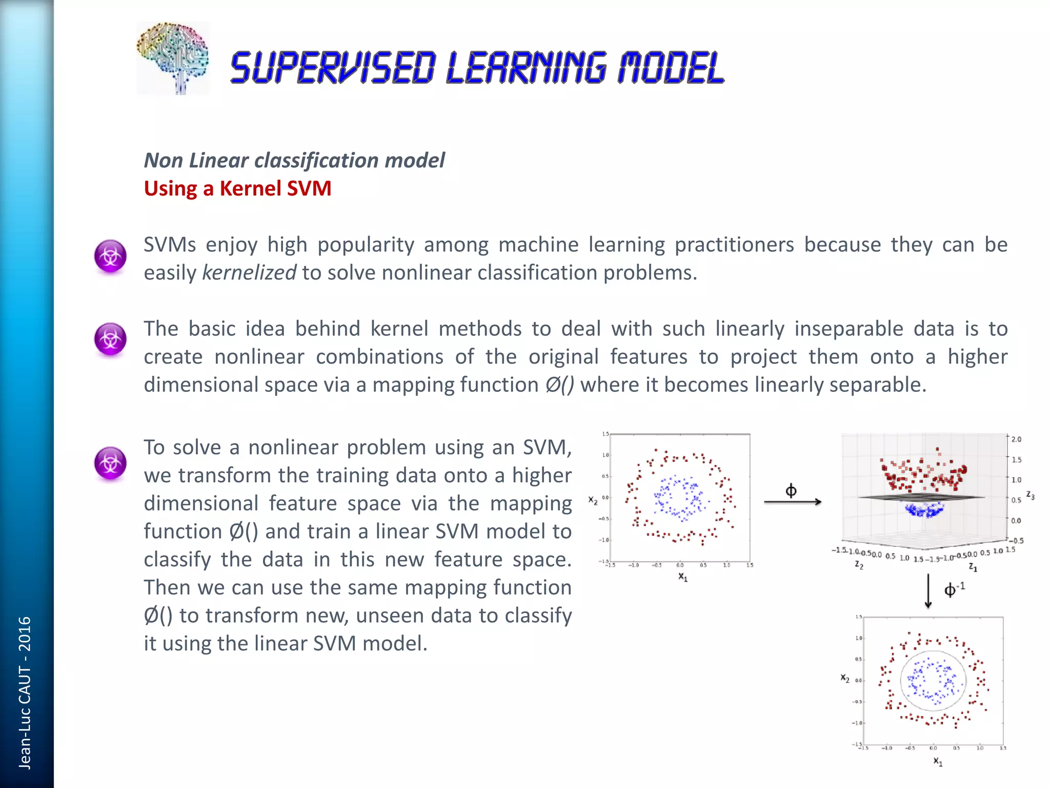 Jean-LucCAUT-2016
Non Linear classification model
Using a Kernel SVM
SVMs enjoy high popularity among machine learning practitioners because they can be
easily kernelized to solve nonlinear classification problems.
The basic idea behind kernel methods to deal with such linearly inseparable data is to
create nonlinear combinations of the original features to project them onto a higher
dimensional space via a mapping function Ø() where it becomes linearly separable.
To solve a nonlinear problem using an SVM,
we transform the training data onto a higher
dimensional feature space via the mapping
function Ø() and train a linear SVM model to
classify the data in this new feature space.
Then we can use the same mapping function
Ø() to transform new, unseen data to classify
it using the linear SVM model.
 