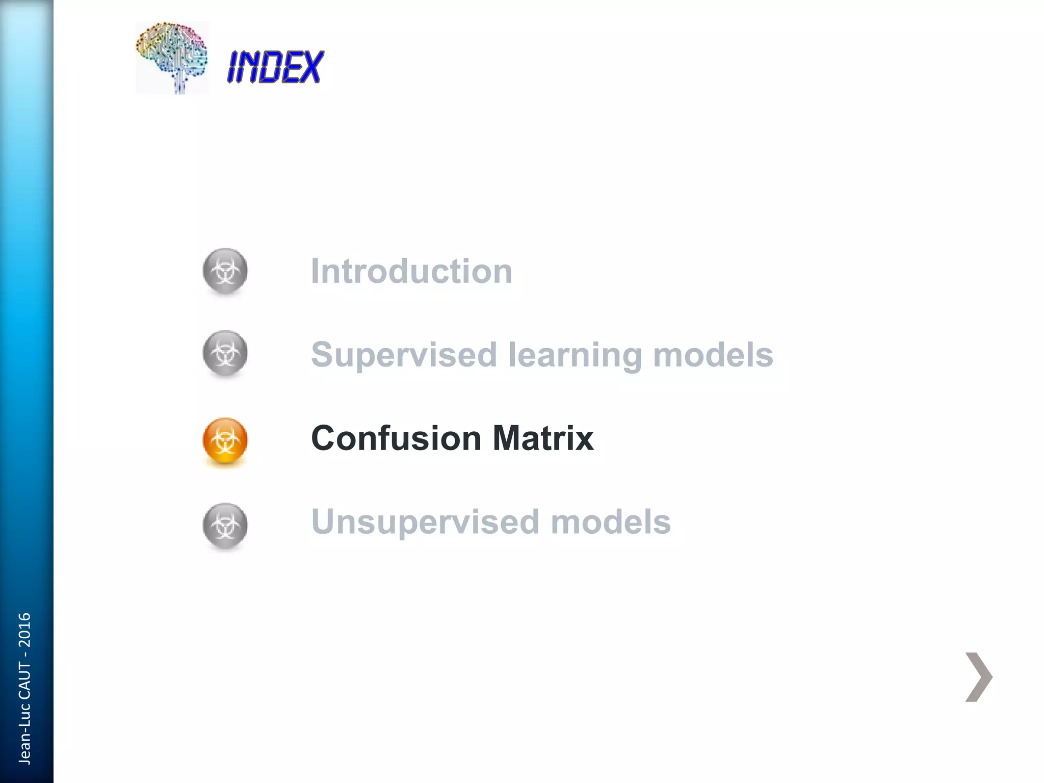 Jean-LucCAUT-2016
Introduction
Supervised learning models
Confusion Matrix
Unsupervised models
 