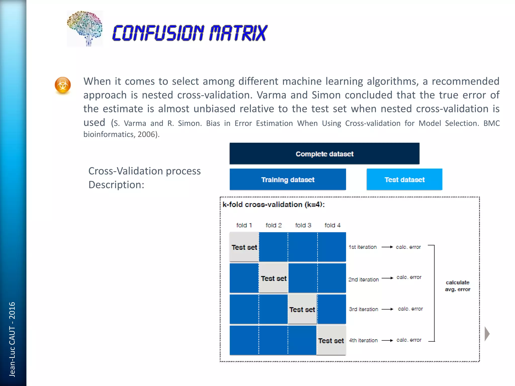 Jean-LucCAUT-2016
When it comes to select among different machine learning algorithms, a recommended
approach is nested cross-validation. Varma and Simon concluded that the true error of
the estimate is almost unbiased relative to the test set when nested cross-validation is
used (S. Varma and R. Simon. Bias in Error Estimation When Using Cross-validation for Model Selection. BMC
bioinformatics, 2006).
Cross-Validation process
Description:
 