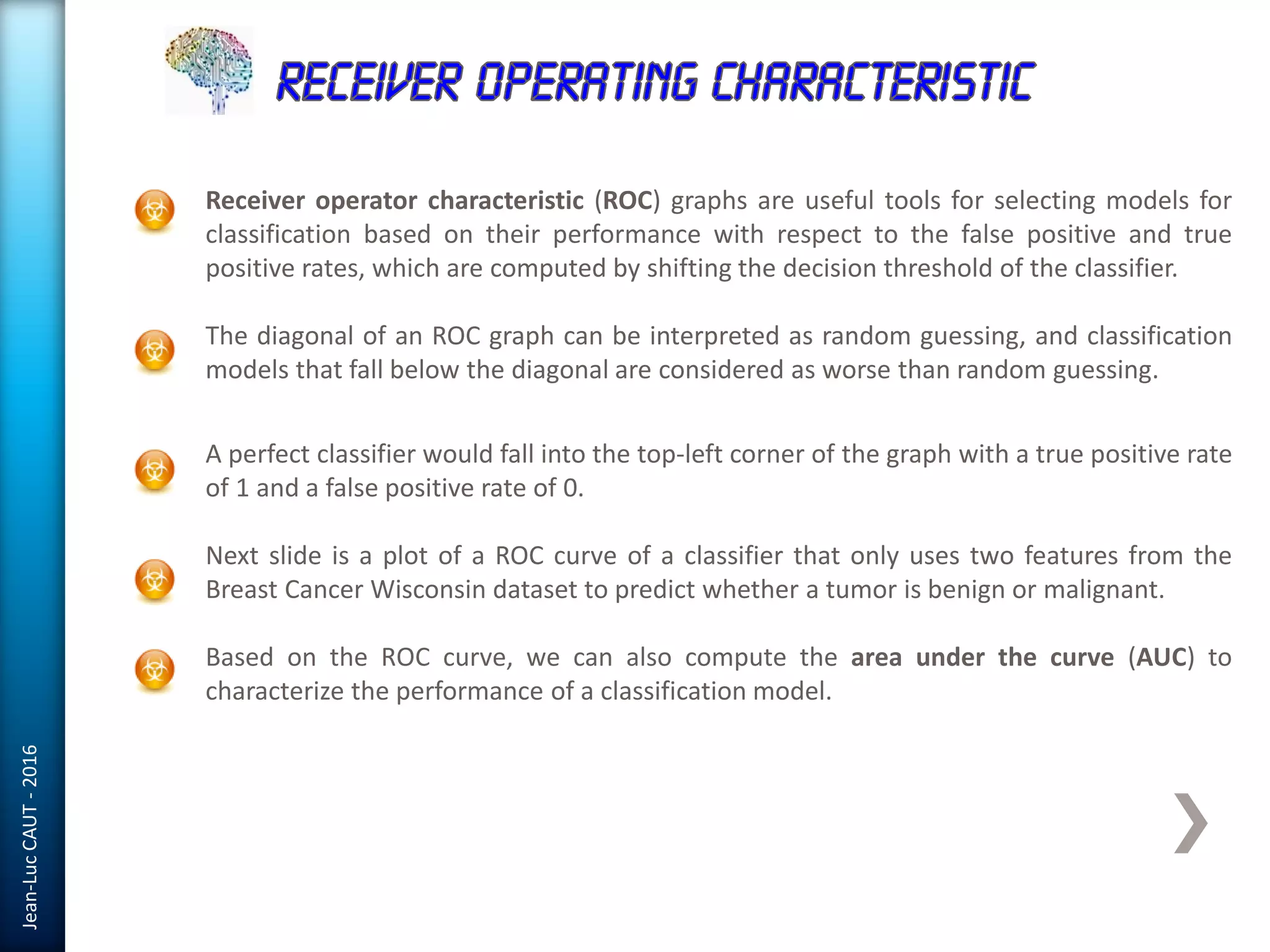 Jean-LucCAUT-2016
Receiver operator characteristic (ROC) graphs are useful tools for selecting models for
classification based on their performance with respect to the false positive and true
positive rates, which are computed by shifting the decision threshold of the classifier.
The diagonal of an ROC graph can be interpreted as random guessing, and classification
models that fall below the diagonal are considered as worse than random guessing.
A perfect classifier would fall into the top-left corner of the graph with a true positive rate
of 1 and a false positive rate of 0.
Next slide is a plot of a ROC curve of a classifier that only uses two features from the
Breast Cancer Wisconsin dataset to predict whether a tumor is benign or malignant.
Based on the ROC curve, we can also compute the area under the curve (AUC) to
characterize the performance of a classification model.
 