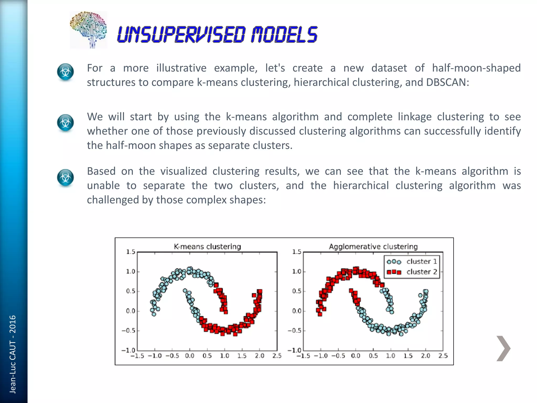 Jean-LucCAUT-2016
For a more illustrative example, let's create a new dataset of half-moon-shaped
structures to compare k-means clustering, hierarchical clustering, and DBSCAN:
We will start by using the k-means algorithm and complete linkage clustering to see
whether one of those previously discussed clustering algorithms can successfully identify
the half-moon shapes as separate clusters.
Based on the visualized clustering results, we can see that the k-means algorithm is
unable to separate the two clusters, and the hierarchical clustering algorithm was
challenged by those complex shapes:
 