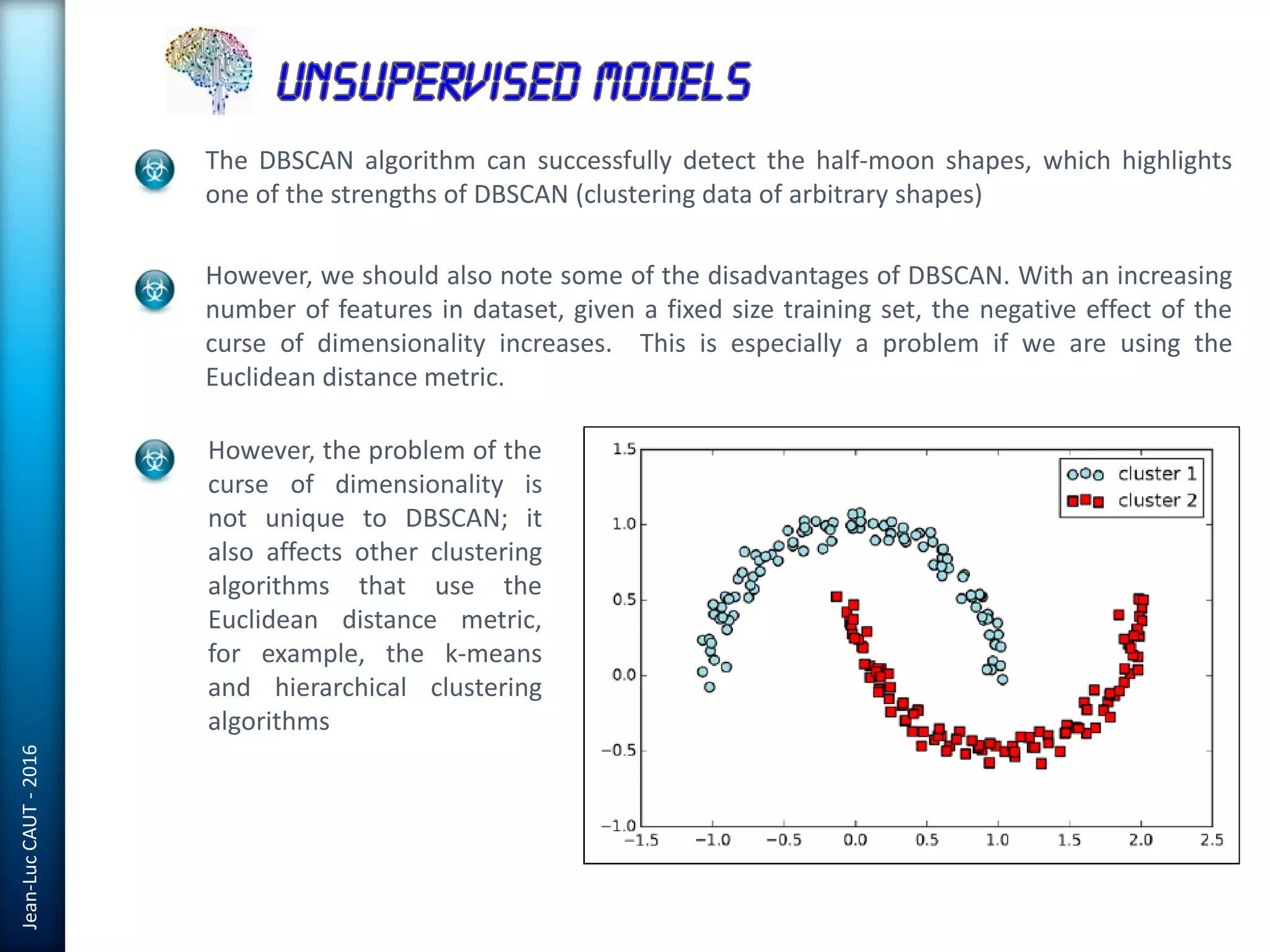 Jean-LucCAUT-2016
The DBSCAN algorithm can successfully detect the half-moon shapes, which highlights
one of the strengths of DBSCAN (clustering data of arbitrary shapes)
However, we should also note some of the disadvantages of DBSCAN. With an increasing
number of features in dataset, given a fixed size training set, the negative effect of the
curse of dimensionality increases. This is especially a problem if we are using the
Euclidean distance metric.
However, the problem of the
curse of dimensionality is
not unique to DBSCAN; it
also affects other clustering
algorithms that use the
Euclidean distance metric,
for example, the k-means
and hierarchical clustering
algorithms
 
