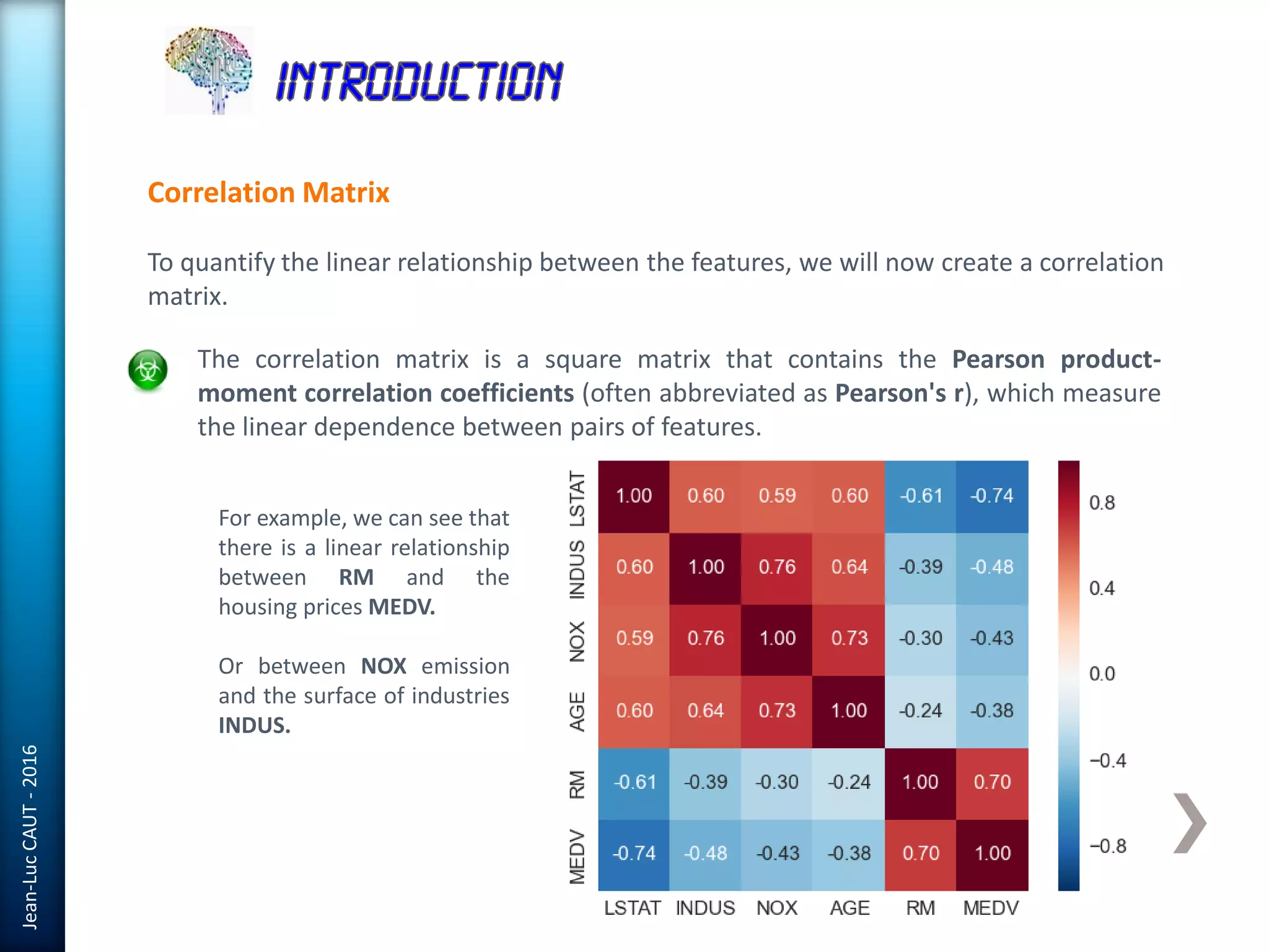 Jean-LucCAUT-2016
Correlation Matrix
To quantify the linear relationship between the features, we will now create a correlation
matrix.
The correlation matrix is a square matrix that contains the Pearson product-
moment correlation coefficients (often abbreviated as Pearson's r), which measure
the linear dependence between pairs of features.
For example, we can see that
there is a linear relationship
between RM and the
housing prices MEDV.
Or between NOX emission
and the surface of industries
INDUS.
 