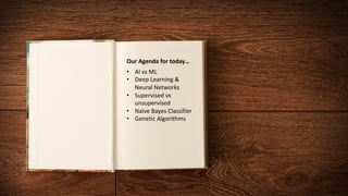 @joel__lord
#phptour
Our	Agenda	for	today…
• AI	vs	ML
• Deep	Learning	&	
Neural	Networks
• Supervised	vs	
unsupervised
• Naïve	Bayes	Classifier
• Genetic	Algorithms
 