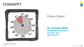 Geschafft
©2016 gezeitenraum 34
Vielen Dank!
Dr. Christian Wiele
christian@gezeitenraum.com
@christian_wiele
@gezeitenraum
 