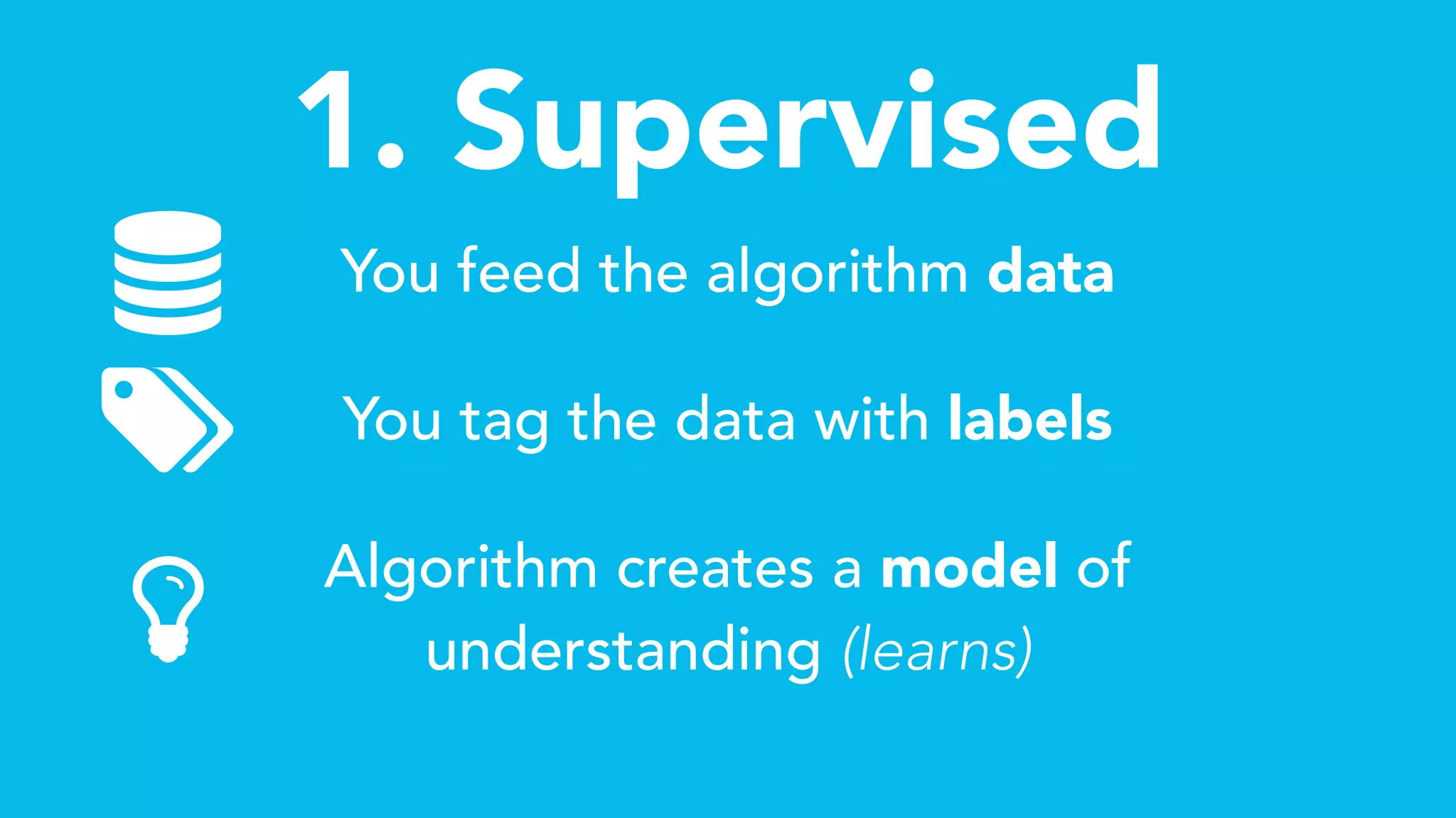 1. Supervised
You feed the algorithm data
You tag the data with labels
Algorithm creates a model of
understanding (learns)

 