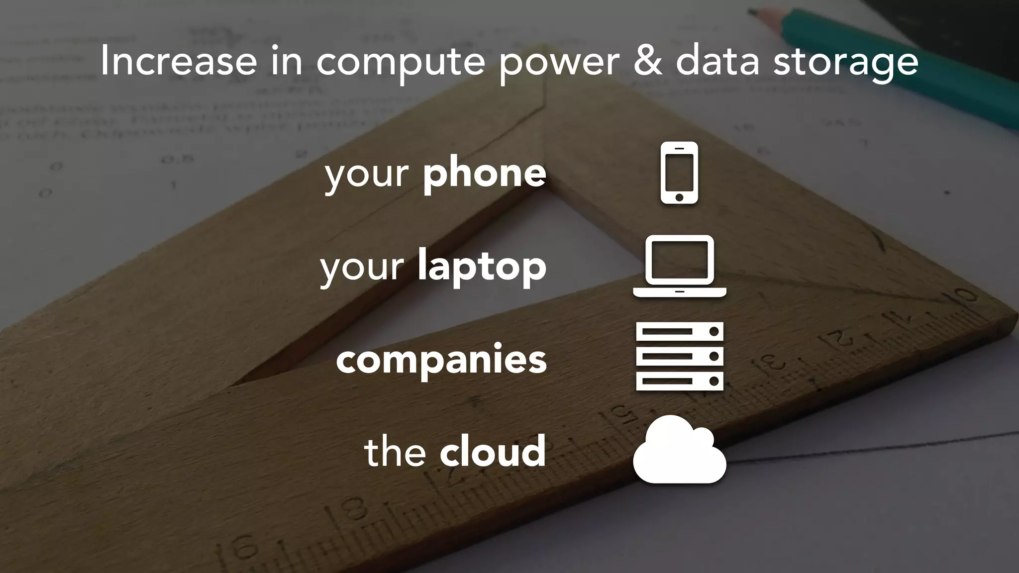Increase in compute power & data storage
Ȑ
your phone
your laptop
companies
the cloud
 