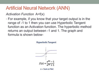 Artificial Neural Network (ANN)
Activation Function A=f(x)
• For example, if you know that your target output is in the
range of -1 to 1 then you can use Hyperbolic Tangent
function as an Activation function. The hyperbolic method
returns an output between -1 and 1. The graph and
formula is shown below-
 