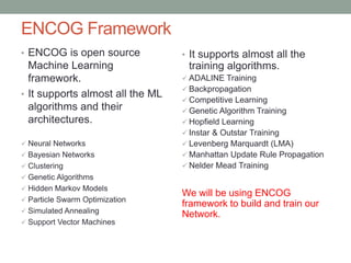 ENCOG Framework
• ENCOG is open source
Machine Learning
framework.
• It supports almost all the ML
algorithms and their
architectures.
 Neural Networks
 Bayesian Networks
 Clustering
 Genetic Algorithms
 Hidden Markov Models
 Particle Swarm Optimization
 Simulated Annealing
 Support Vector Machines
• It supports almost all the
training algorithms.
 ADALINE Training
 Backpropagation
 Competitive Learning
 Genetic Algorithm Training
 Hopfield Learning
 Instar & Outstar Training
 Levenberg Marquardt (LMA)
 Manhattan Update Rule Propagation
 Nelder Mead Training
We will be using ENCOG
framework to build and train our
Network.
 