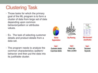 Clustering Task
• Those tasks for which the primary
goal of the ML program is to form a
cluster of data from large set of data
depending upon common
behavior/pattern or attributes
values.
• Ex. The task of selecting customer
details and product details from a
data set.
• The program needs to analyze the
common characteristics /pattern/
behavior and then put the data into
its justifiable cluster.
 