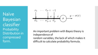 Naïve
Bayesian
classifier
Probability
Distribution in
compressed
form.
An important problem with Bayes theory is
independence of
random variables, the lack of which makes it
difficult to calculate probability formula.
 
