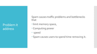 Problem it
address
Spam causes traffic problems and bottlenecks
that
 limit memory space,
 Computing power
 speed
 Spam causes users to spend time removing it.
 