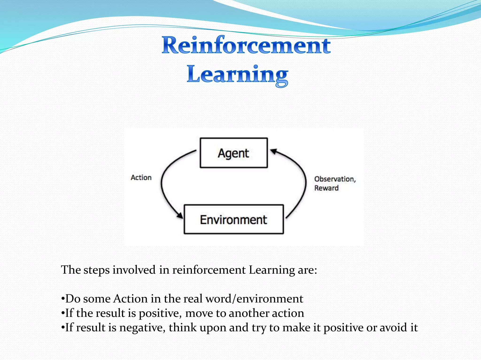 The steps involved in reinforcement Learning are:
•Do some Action in the real word/environment
•If the result is positive, move to another action
•If result is negative, think upon and try to make it positive or avoid it
 
