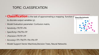TOPIC: CLASSIFICATION
• Classification is the task of approximating a mapping function (f) from input variables (X)
to discrete output variables (y).
• Model Evaluation parameter: Confusion matrix,
• Senstivity=TP/TP+FN
• Specificity=TN/TN+FP
• ,Precision=TP/TP+FP
• Accuracy=TP+TN/TP+TN+FN+FP
• Model Support Vector Machines,Decision Trees, Neural Networks
 