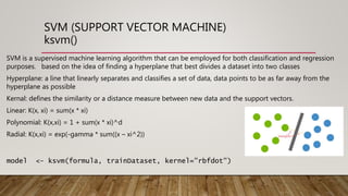 SVM (SUPPORT VECTOR MACHINE)
ksvm()
SVM is a supervised machine learning algorithm that can be employed for both classification and regression
purposes. based on the idea of finding a hyperplane that best divides a dataset into two classes
Hyperplane: a line that linearly separates and classifies a set of data, data points to be as far away from the
hyperplane as possible
Kernal: defines the similarity or a distance measure between new data and the support vectors.
Linear: K(x, xi) = sum(x * xi)
Polynomial: K(x,xi) = 1 + sum(x * xi)^d
Radial: K(x,xi) = exp(-gamma * sum((x – xi^2))
model <- ksvm(formula, trainDataset, kernel="rbfdot")
 