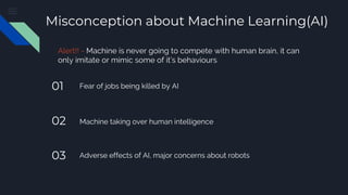 Misconception about Machine Learning(AI)
01 Fear of jobs being killed by AI
02 Machine taking over human intelligence
03 Adverse effects of AI, major concerns about robots
Alert!! - Machine is never going to compete with human brain, it can
only imitate or mimic some of it’s behaviours
 