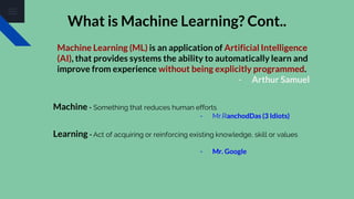 Machine Learning (ML) is an application of Artificial Intelligence
(AI), that provides systems the ability to automatically learn and
improve from experience without being explicitly programmed.
- Arthur Samuel
Machine - Something that reduces human efforts
- Mr.RanchodDas (3 Idiots)
Learning - Act of acquiring or reinforcing existing knowledge, skill or values
- Mr. Google
What is Machine Learning? Cont..
 