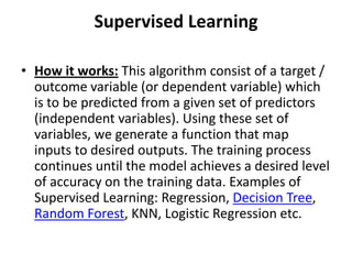 Supervised Learning
• How it works: This algorithm consist of a target /
outcome variable (or dependent variable) which
is to be predicted from a given set of predictors
(independent variables). Using these set of
variables, we generate a function that map
inputs to desired outputs. The training process
continues until the model achieves a desired level
of accuracy on the training data. Examples of
Supervised Learning: Regression, Decision Tree,
Random Forest, KNN, Logistic Regression etc.
 