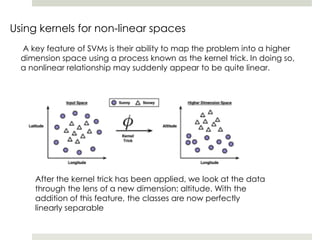 Using kernels for non-linear spaces
A key feature of SVMs is their ability to map the problem into a higher
dimension space using a process known as the kernel trick. In doing so,
a nonlinear relationship may suddenly appear to be quite linear.
After the kernel trick has been applied, we look at the data
through the lens of a new dimension: altitude. With the
addition of this feature, the classes are now perfectly
linearly separable
 