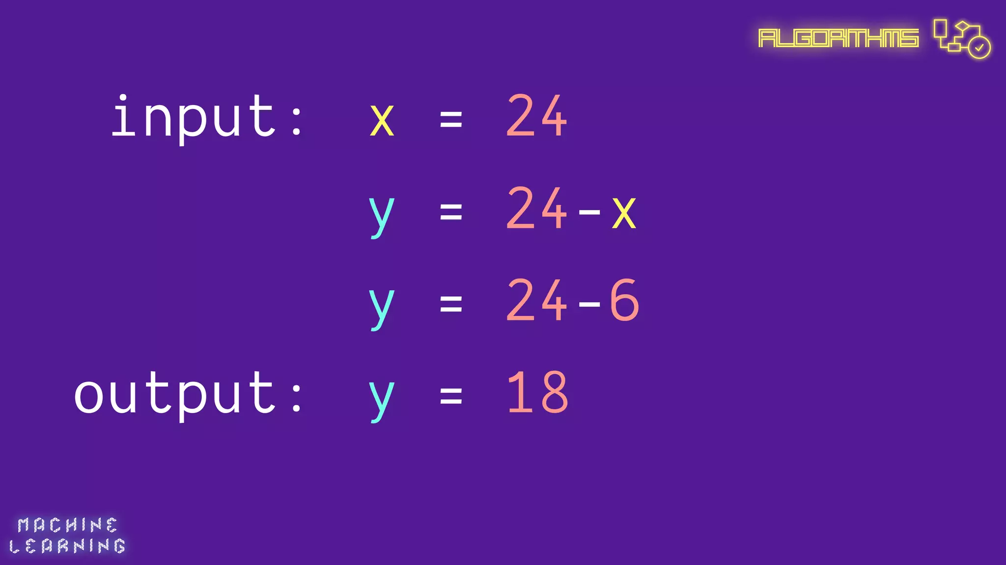 M A C H I N E  
L E A R N I N G
Algorithms
y = 24-x
x = 24
y = 24-6
y = 18
input:
output:
 