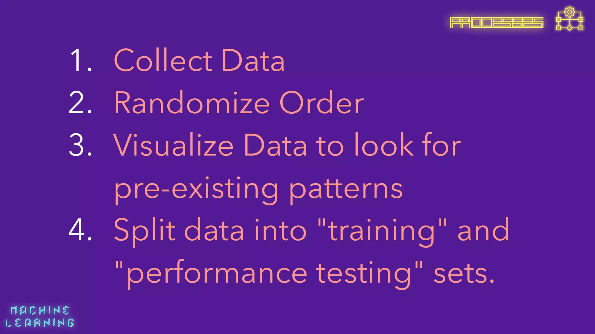 M A C H I N E  
L E A R N I N G
1. Collect Data
2. Randomize Order
3. Visualize Data to look for 
pre-existing patterns
4. Split data into "training" and
"performance testing" sets.
PROCESSES
 