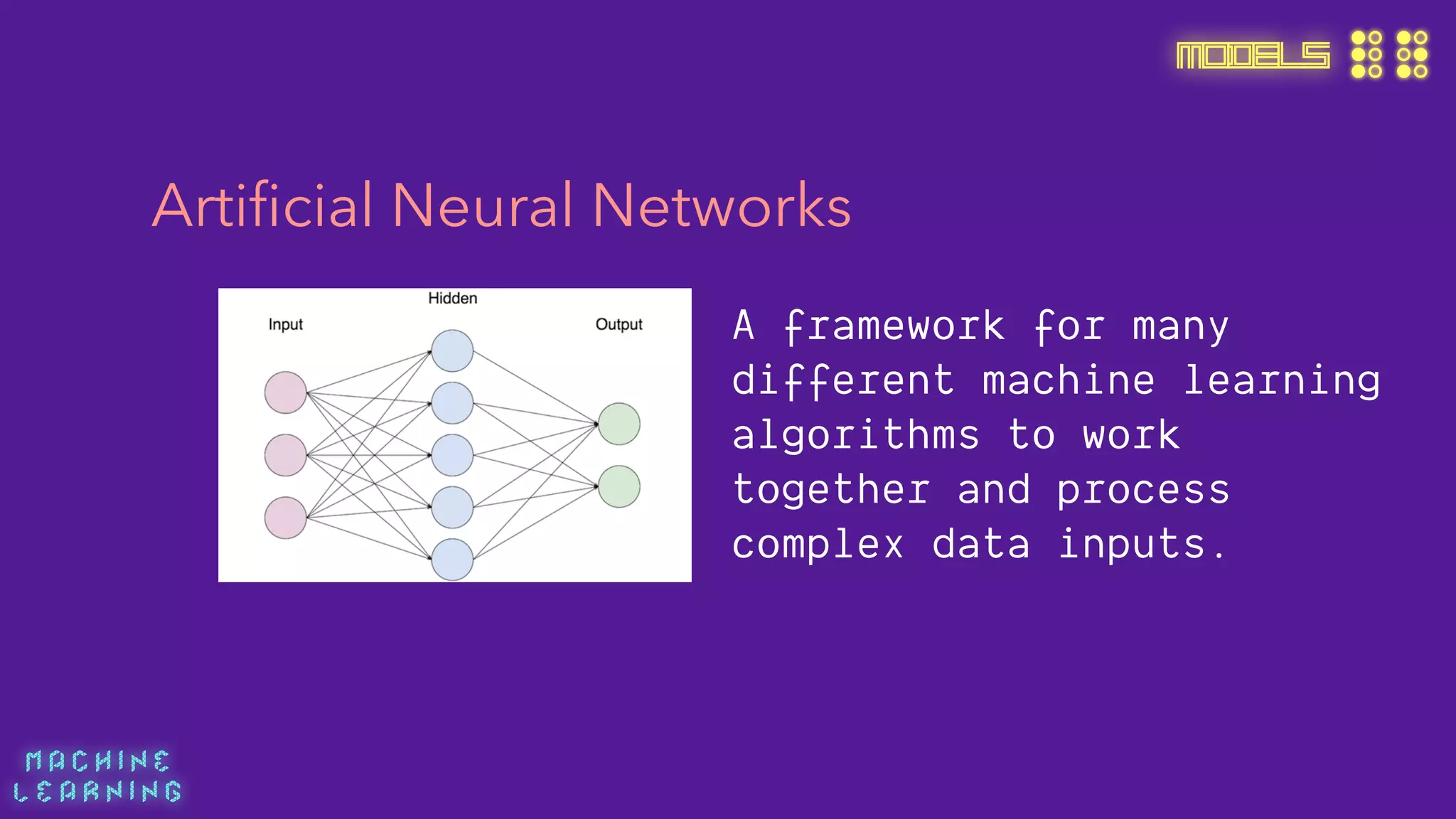 M A C H I N E  
L E A R N I N G
MODELS
Artiﬁcial Neural Networks
A framework for many
different machine learning
algorithms to work
together and process
complex data inputs.
 