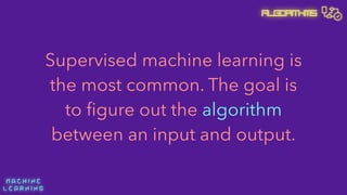 M A C H I N E  
L E A R N I N G
Algorithms
Supervised machine learning is
the most common. The goal is
to ﬁgure out the algorithm
between an input and output.
 