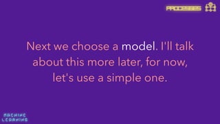 M A C H I N E  
L E A R N I N G
Next we choose a model. I'll talk
about this more later, for now,
let's use a simple one.
PROCESSES
 