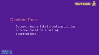 M A C H I N E  
L E A R N I N G
Decision Trees
Determining a likelihood particular
outcome based on a set of
observations.
TECHNIQUES
 